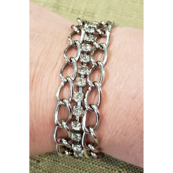 Vintage Unsigned Silver Links Rhinestone Bracelet Jewelry Wonderful Sparkly - Picture 1 of 8